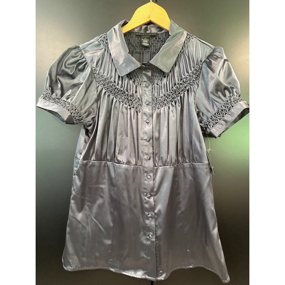 Apostrophe Womens Gray‎ Satin Charmuse Top Smocked Short Sleeve Blouse L NWT